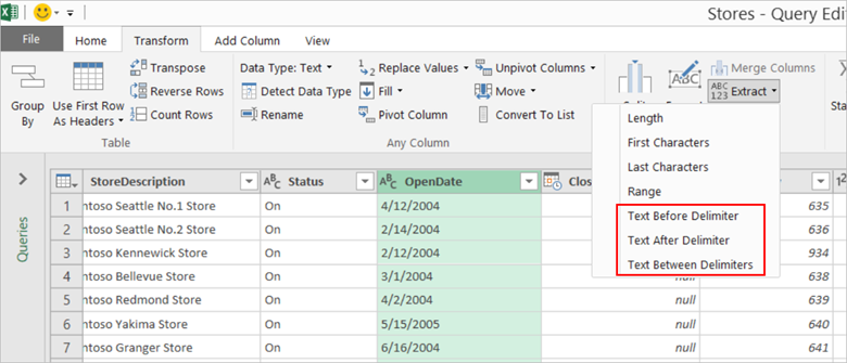 The Transform tab is selected, and the Extract drop-down menu is expanded to highlight the Text Before Delimiter and the Text After Delimiter options.