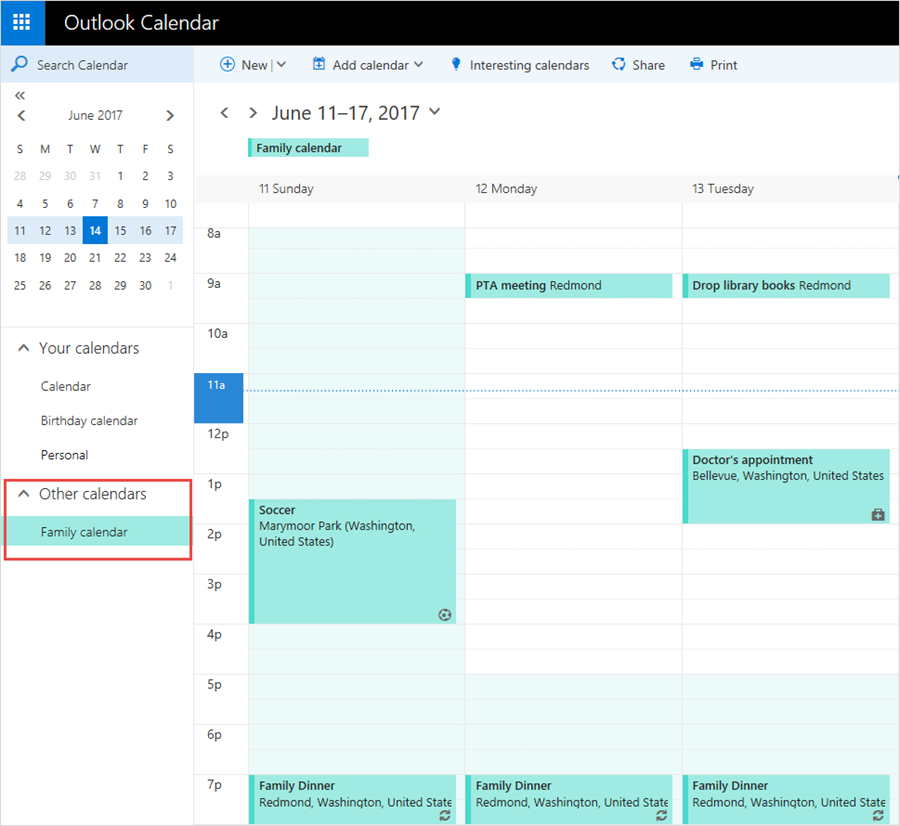 Image of the Family calendar showing activities for the week of Jun 11-17, 2017.
