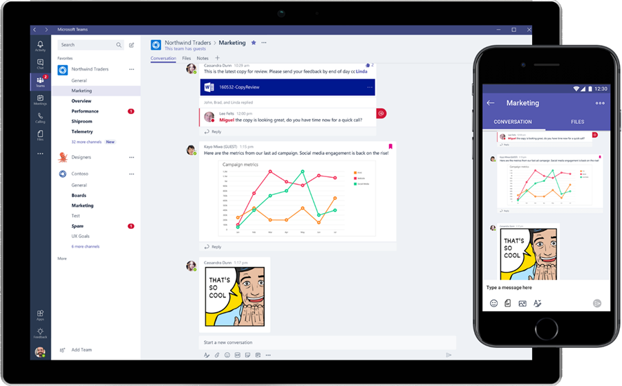 Two smart devices display Microsoft Teams.