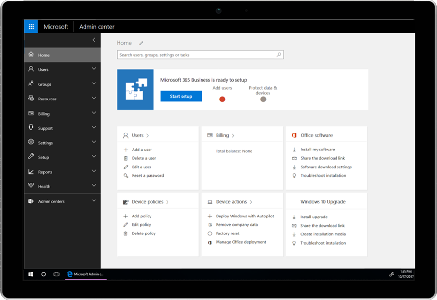 A smart device displays the Microsoft Admin center.