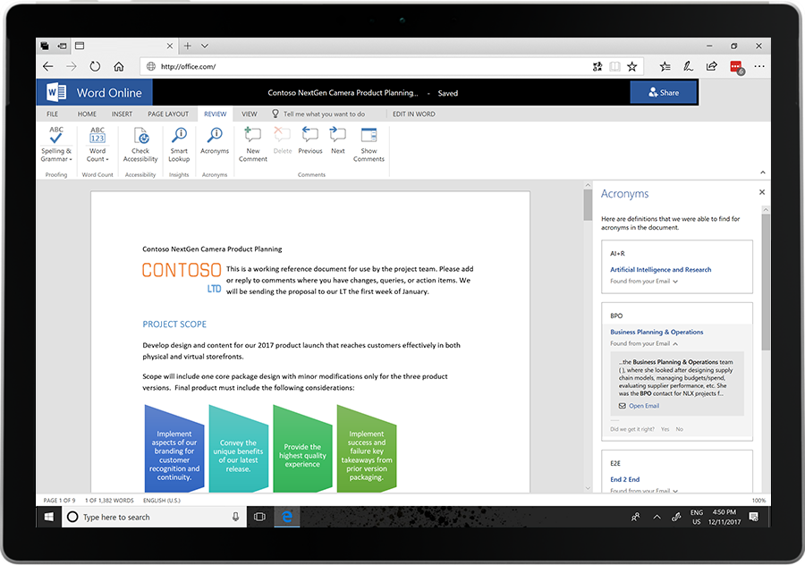 A screenshot shows the Acronyms feature used in Word Online.