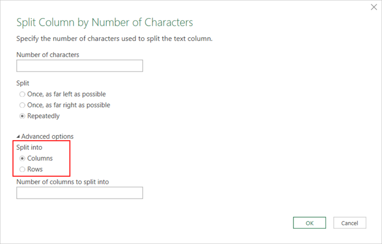 The Split Column by Number of Characters dialog is displayed with Advanced options highlighted.