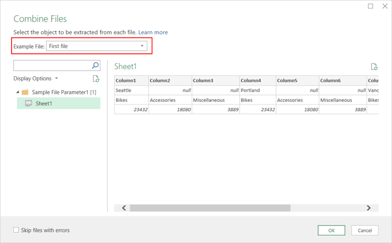 The Combine Files dialog is displayed with the First file option highlighted.