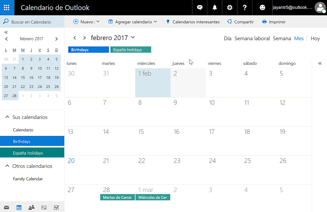 Animated image showing how to add an Interesting calendar to Outlook calendar, in Spanish.