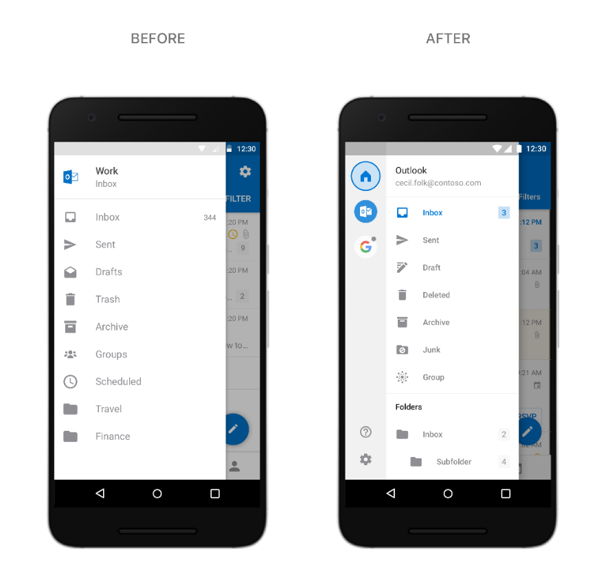 Side-by-side images of Android phones displaying Outlook for Android.