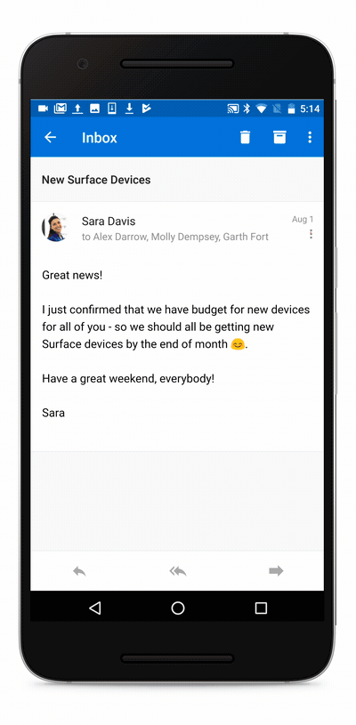 Animated image showing how to search for a sticker to send as a reply to an email using the MojiLaLa add-in.