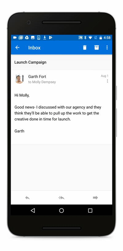 Animated image showing how to search for a GIF image to send as a reply to an email using the Gfycat add-in.