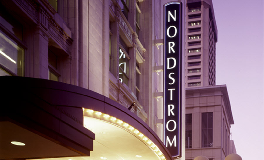 Nordstrom sign as seen from a street in downtown Seattle.