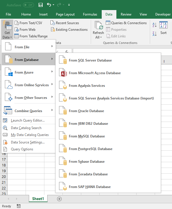 Image displaying the variety of internal and external sources from which you can import data in Excel.