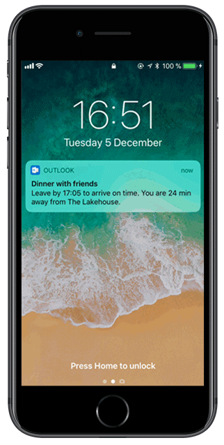 An animated GIF demonstrates the "Time to leave" feature in Outlook.
