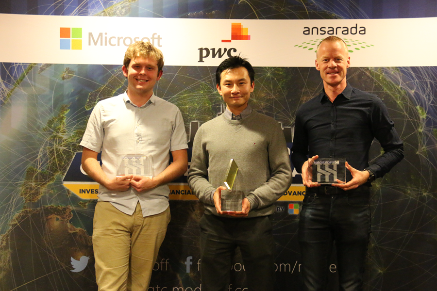 Image of the winners of ModelOff 2017: Michael Jarman, Alvin Woon, and Willem Gerritsen.
