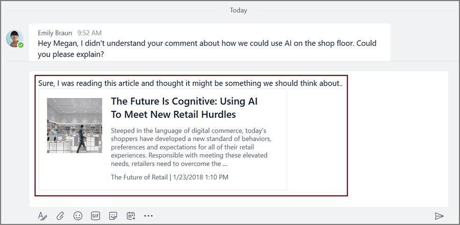 Screenshot displays how you can now include content from apps—like a news article—directly in a conversation in Microsoft Teams.