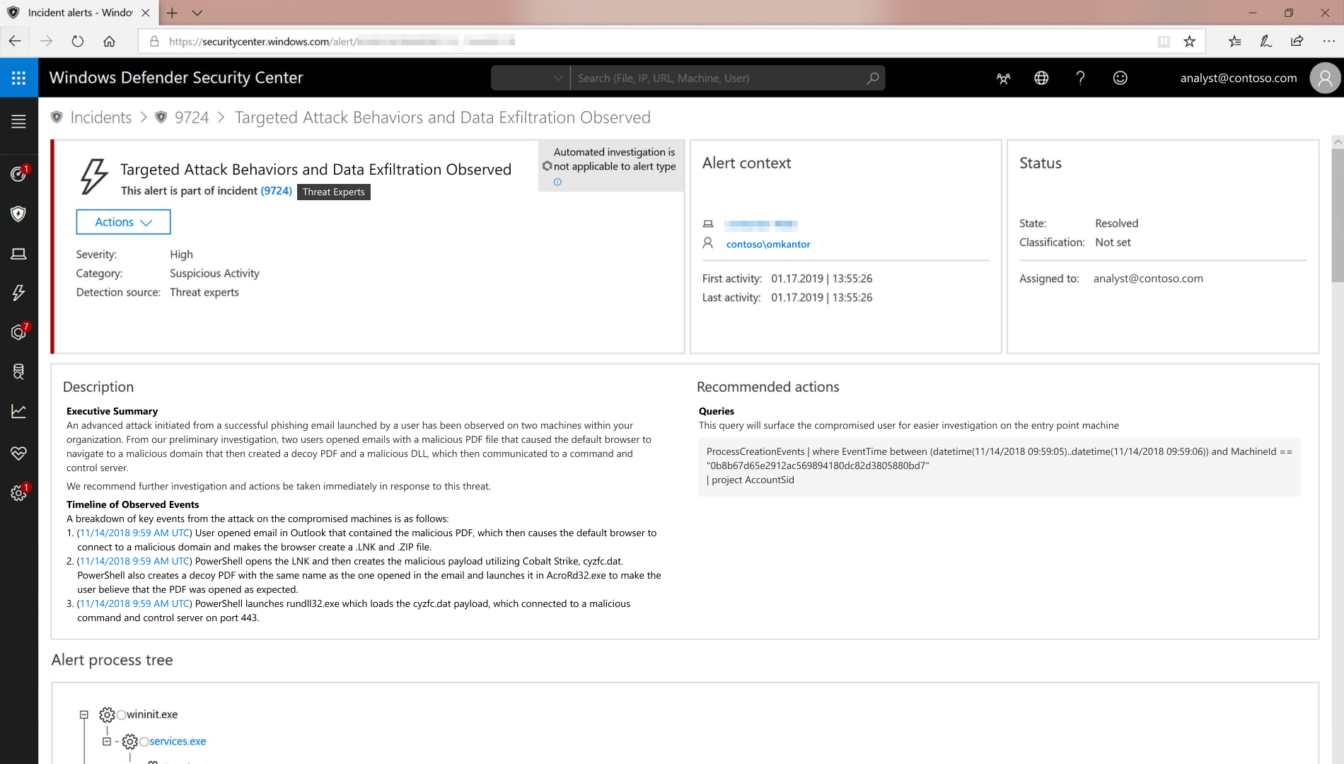 Custom Threat Experts alert in Windows Defender Security Center