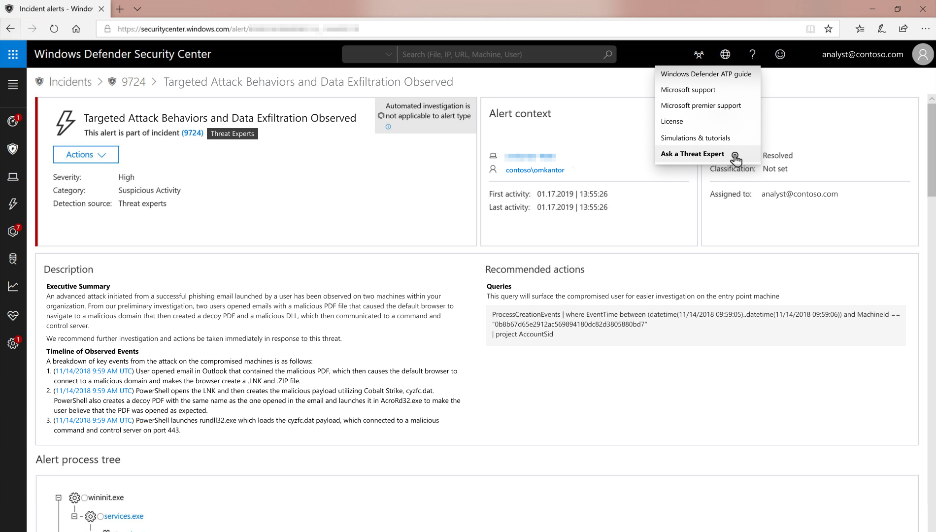 Ask a Threat Expert button in Windows Defender Security Center