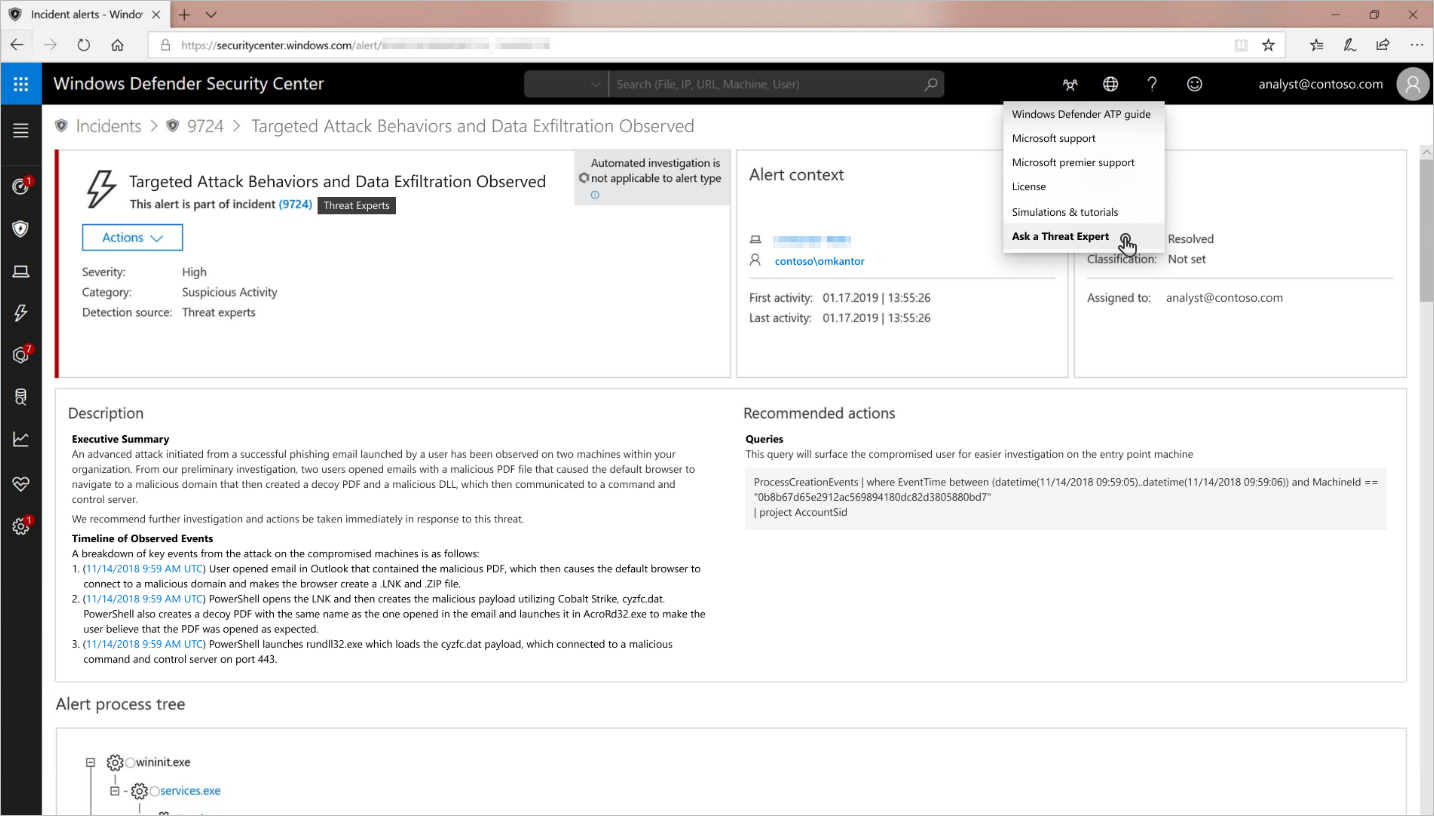 Microsoft Threat Experts "Ask a Threat Expert" button
