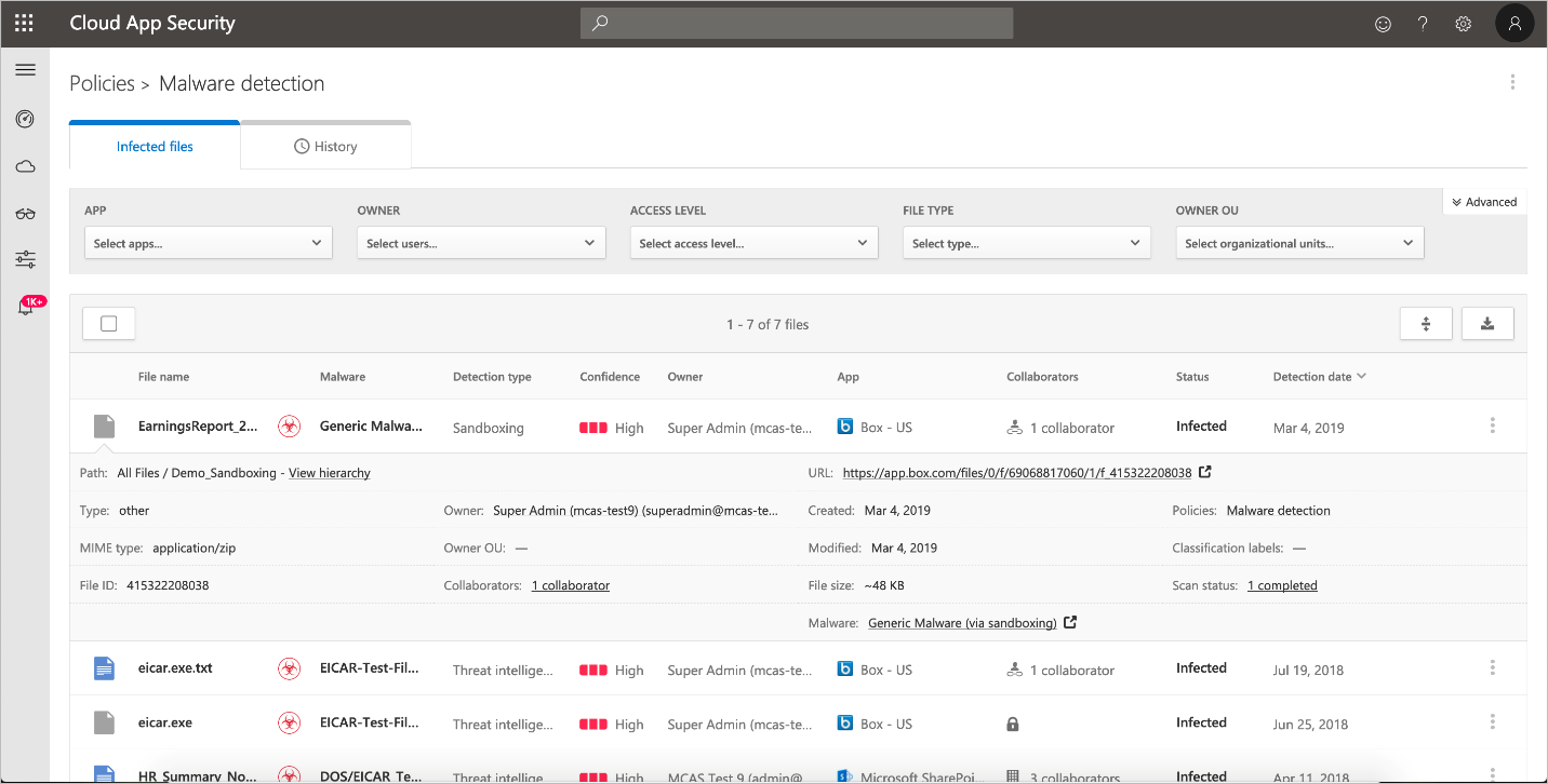 The detection of a malware infected file, using sandboxing
