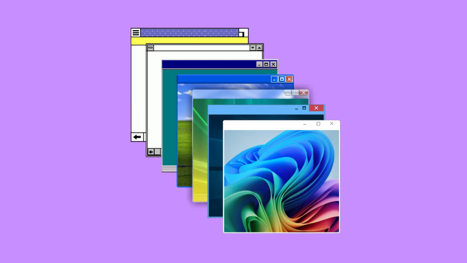 Collage of Microsoft Windows UIs and desktop wallpapers through the years