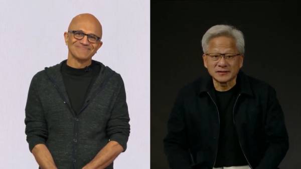 Video still of Satya Nadella and Jensen Huang