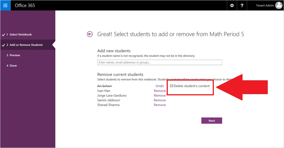 Löschen von Schülerinhalten beim Entfernen von Berechtigungen in OneNote Löschen von Schülerinhalten beim Entfernen von Berechtigungen in OneNote
