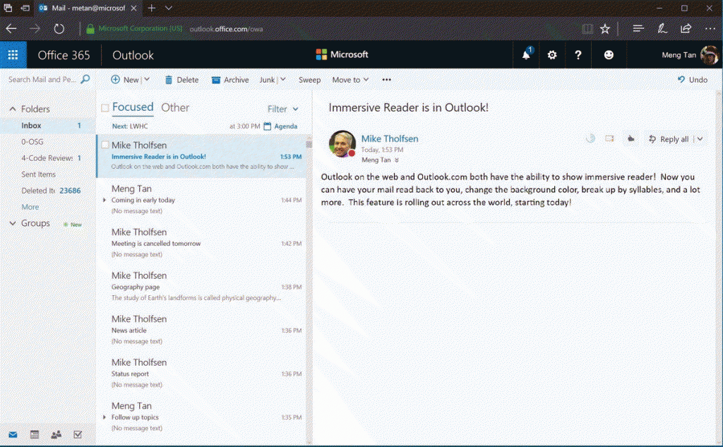 Screenshot von einer Mail in Outlook über den Immersive Reader Screenshot von einer Mail in Outlook über den Immersive Reader