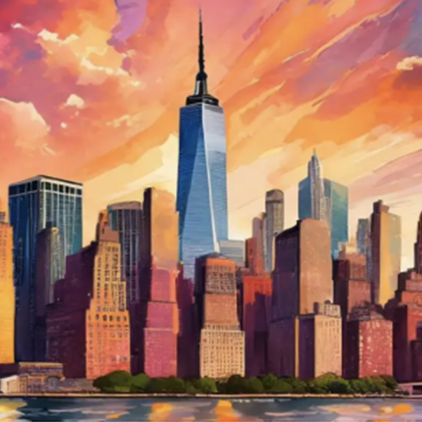 AI-generated art of buildings in Manhattan at sunset, with the World Trade Center standing prominently in the middle. AI-generated art of buildings in Manhattan at sunset, with the World Trade Center standing prominently in the middle.