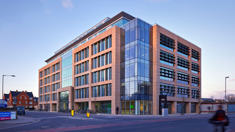 Microsoft headquarters with the UK flag and Pride flag