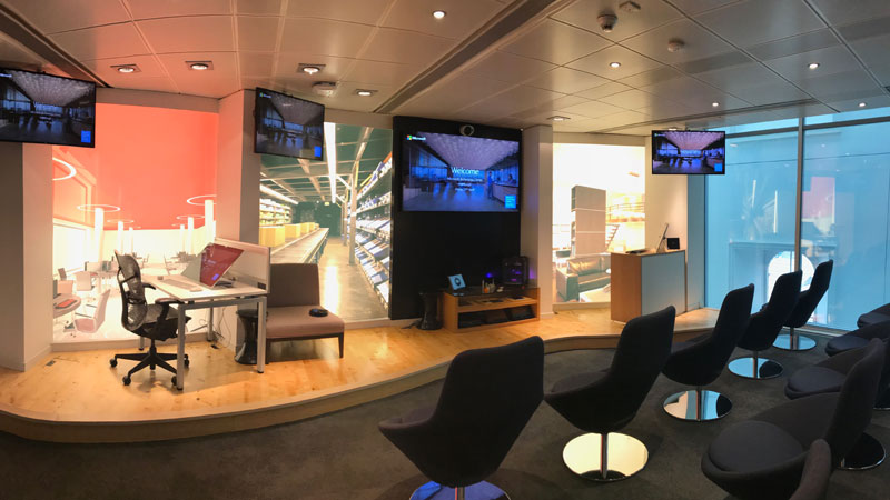 Microsoft headquarters with the UK flag and Pride flag