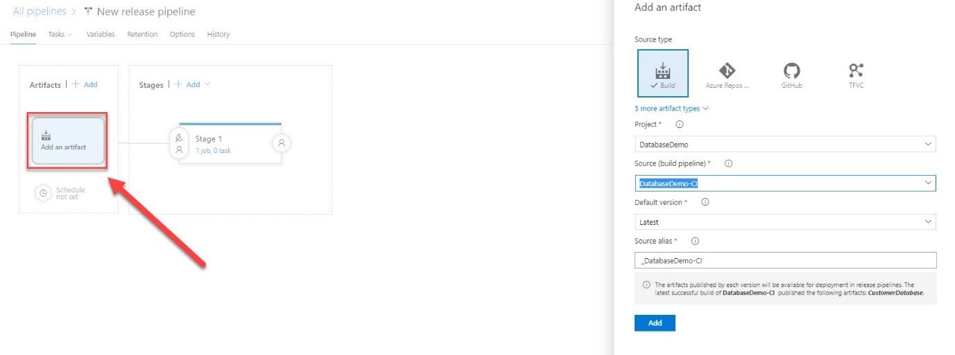 The 'Add an Artifact' option in Azure DevOps highlighted.