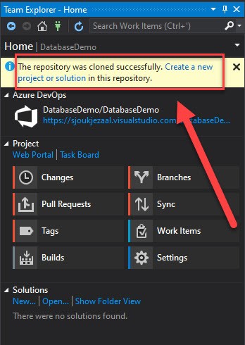 A Team Explorer screenshot confirming that the repository was cloned successfully. 