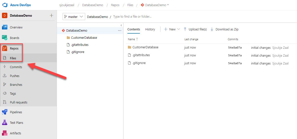 A screenshot of the Azure DevOps explorer with the Repos and Files section of the menu highlighted.