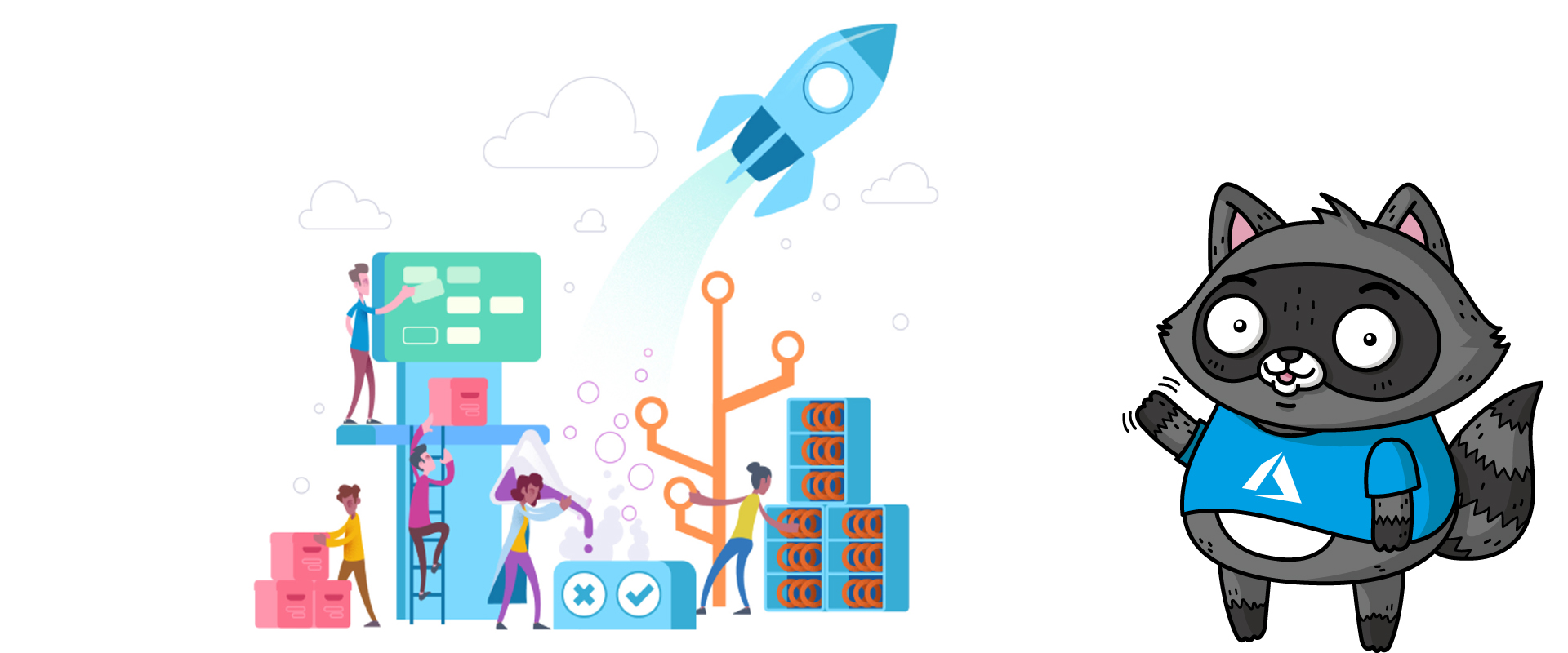 An abstract picture of a rocket ship launching off to represent Azure, next to a picture of Bit the Raccoon.