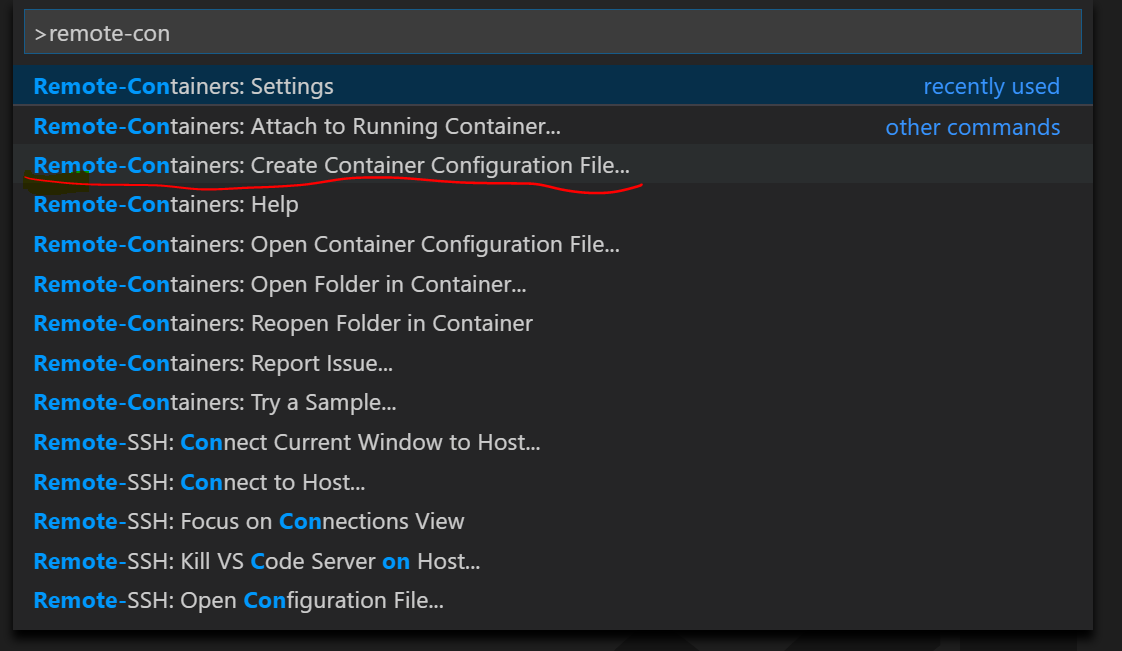 Creating a Container Configuration File from the command palette: