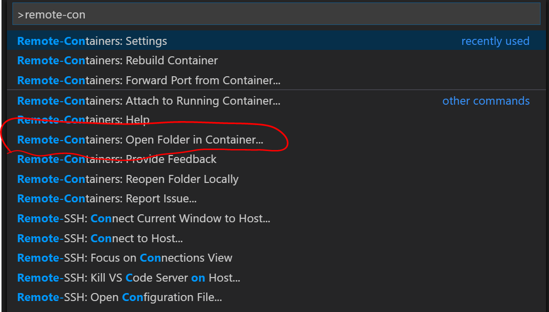 Selecting the “Reopen folder in container” option