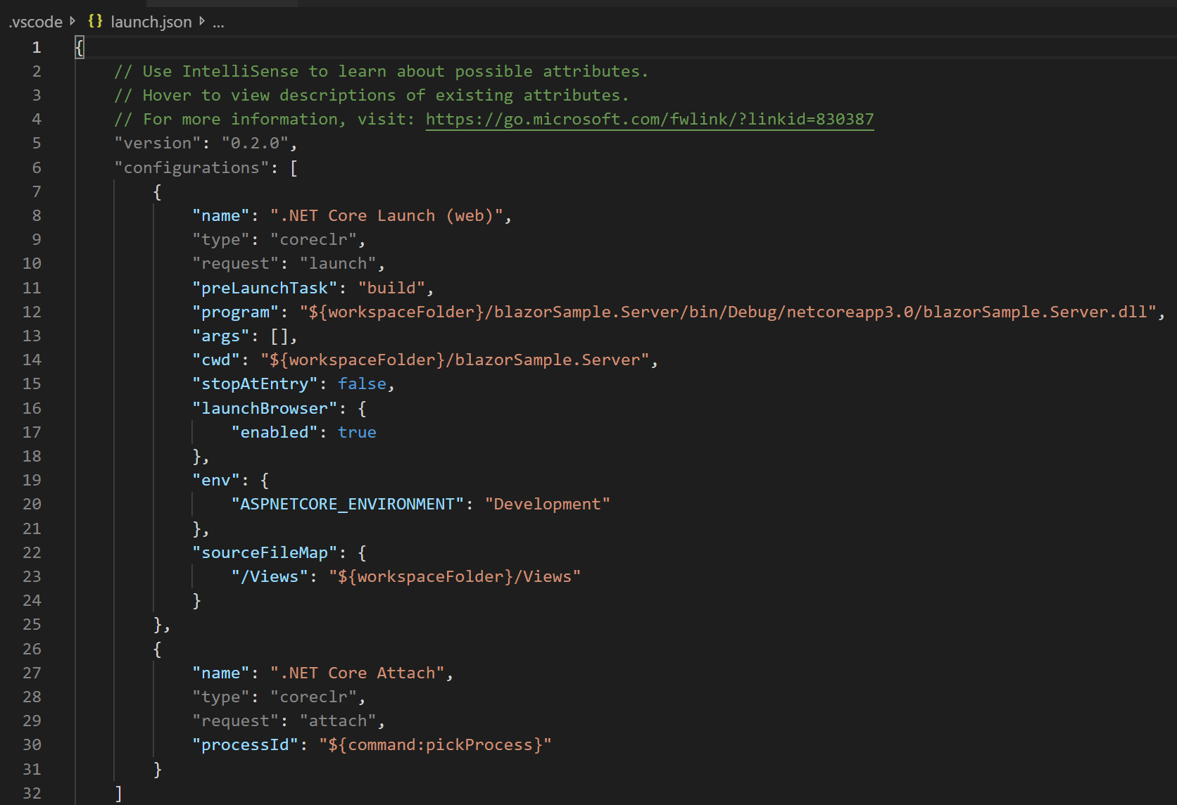 Pressing F5 to select the .NET Core template and creating the proper launch.json file