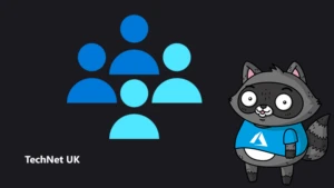 An illustration of a group of people, next to an illustration of Bit the Raccoon.