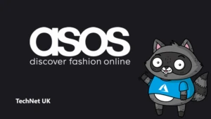 The ASOS logo, next to an illustration of Bit the Raccoon.