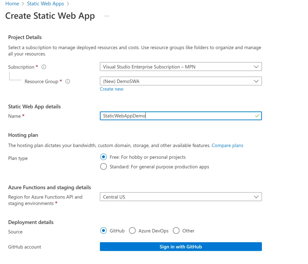 Filling in the Create Static Web App form.