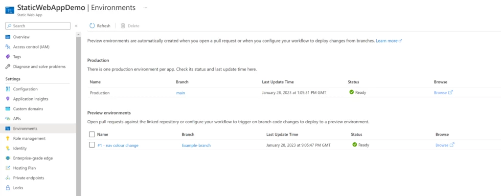 The environments view of the static web app.