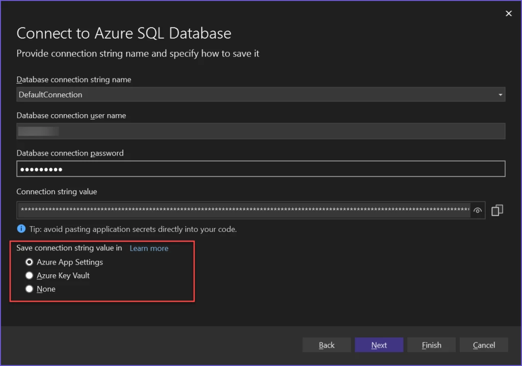 The Connect to Azure SQL Database dialog, with Azure App Settings highlighted in the 'save connection string value in' section.
