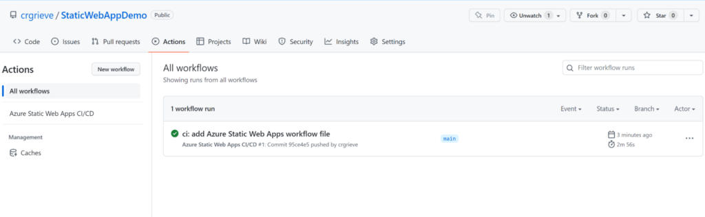 The actions tab on GitHub of the new deployment.