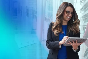 Employee using mobile device with an ombre blue background.