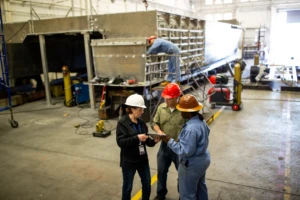 A group of people in hard hats in a manufacturing factory