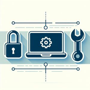 Cybersecurity and tech support concept with icons of a lock, laptop, and wrench.