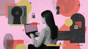 A woman using a laptop surrounded by digital security imagery including keyholes, padlocks, fingerprints, password symbols, and geometric shapes on a pink and coral background.