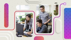 A group of people standing in front of a computer with a decorative abstract overlay of shapes and lines in purple, pink, and reds.