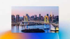 Sunset view of Tokyo Bay, with Rainbow bridge, skyscrapers, Tokyo Sky tree, office buildings, and apartment houses.