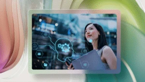 Person looking up to the sky with small AI themed images overlayed.