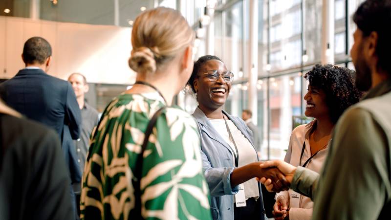 Several individuals in business attire shaking hands.