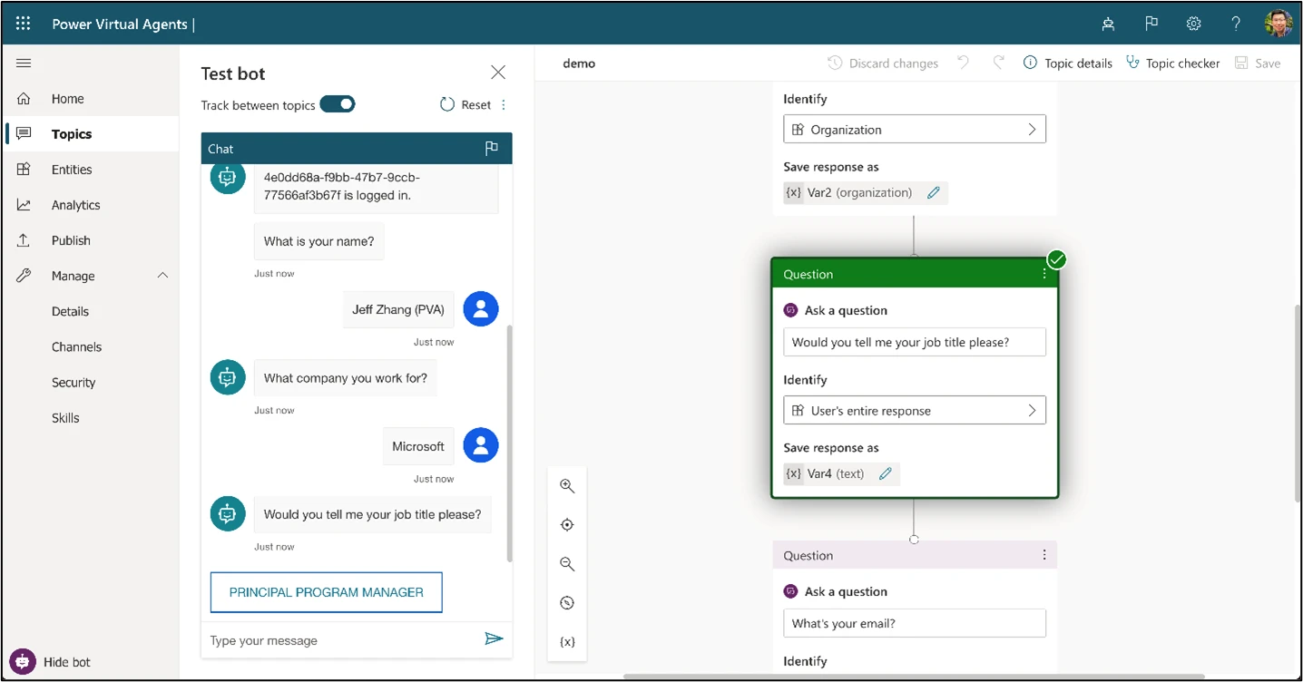 Figure 3.  Personalized conversations using Power Virtual Agents
