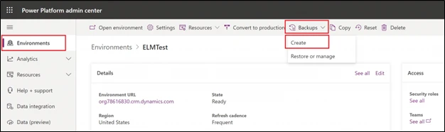 Figure 4.  Environment backup done from the Power Platform Admin Center